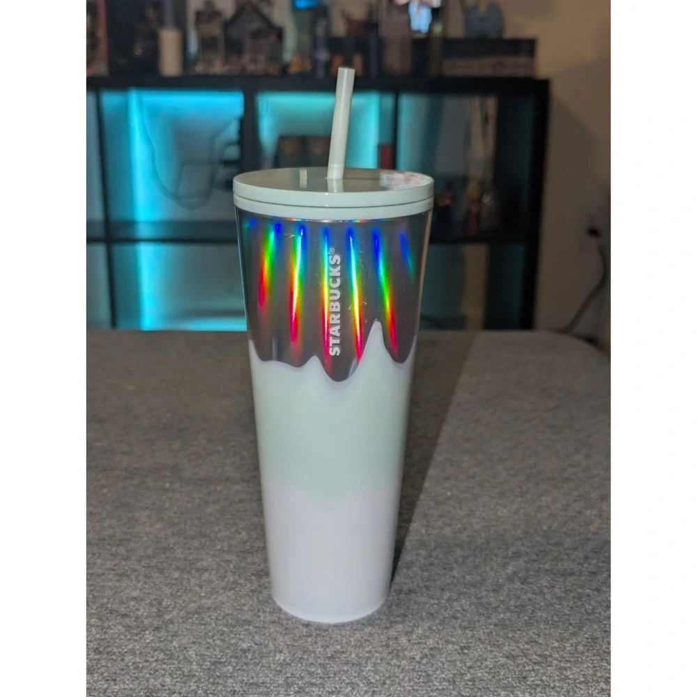 Starbucks 24 oz Cold Cup Tumbler Iridescent Drip Mint White Straw Reusable NEW